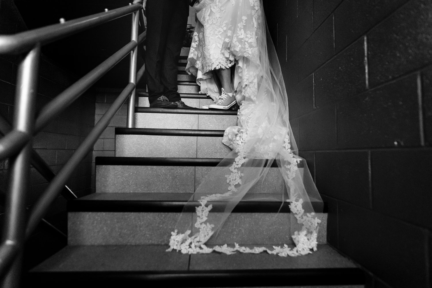 Bridal veil trailing down the stairs